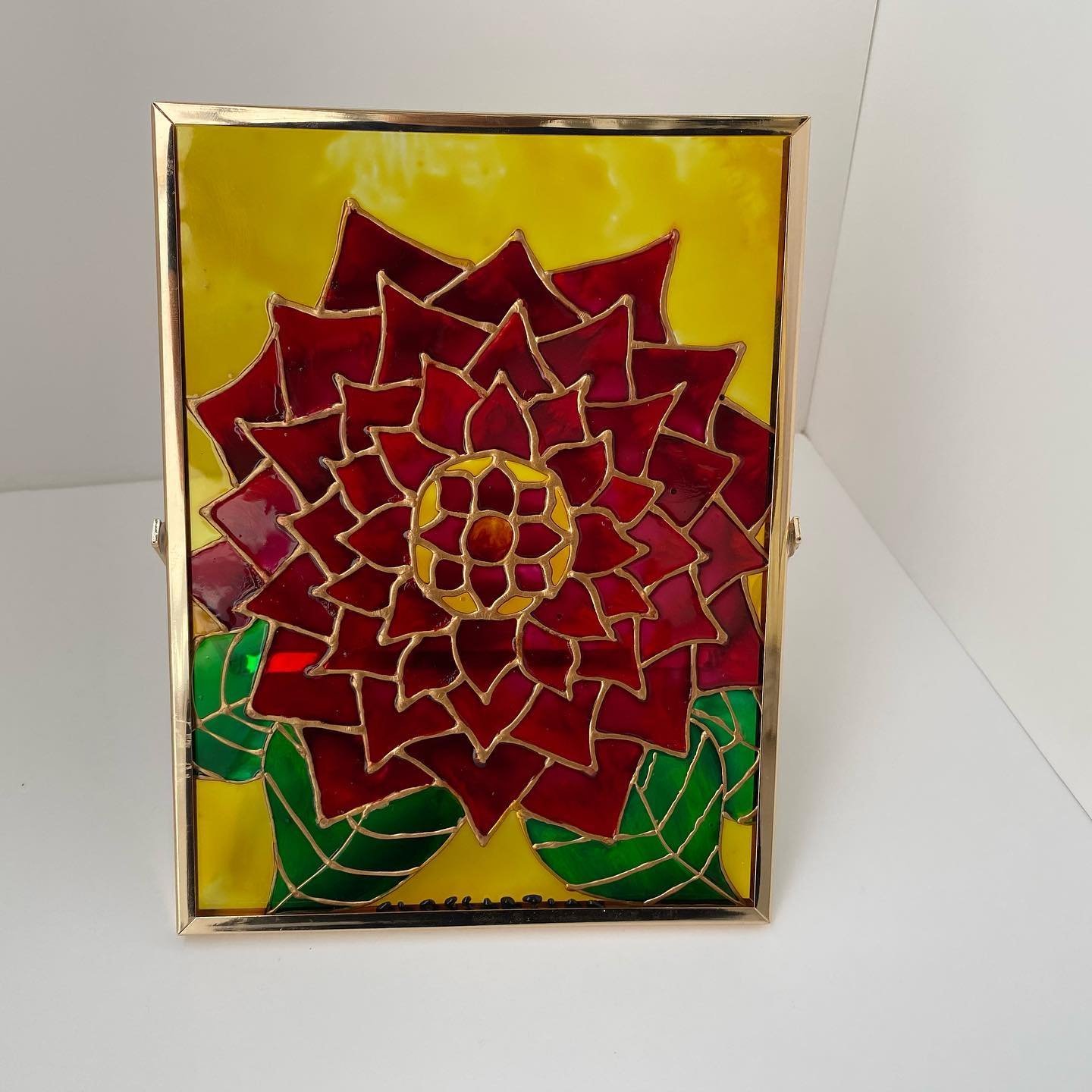 Crimson chrysanthemum hand-painted on glass